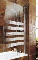 Click for Coram Screens Frameless sail bath screen with chrome stripes.