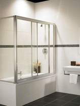 Click for Image Coral Overbath sliding screen and end panel with chrome frame.