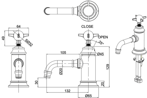 Technical image of Burlington Arcade Basin Mixer Tap With Crosshead Handle (Chrome).