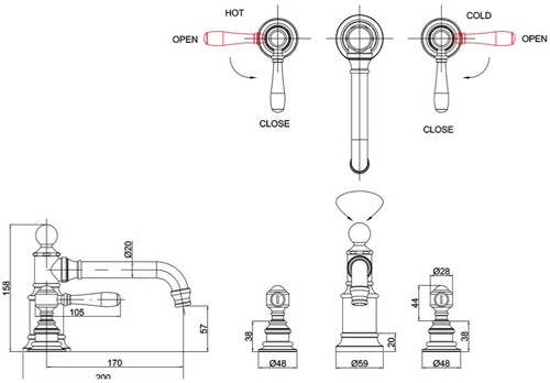 Technical image of Burlington Arcade 3 Hole Basin Mixer Tap With X-Head Handles (Nickel).