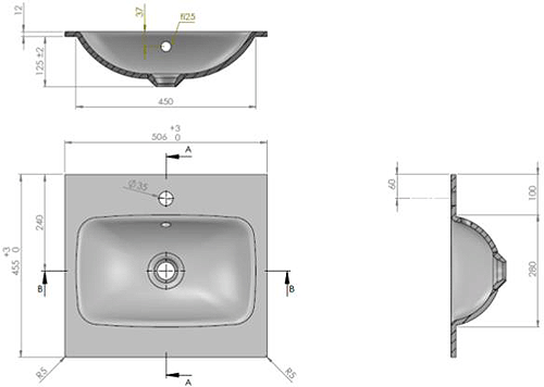 Technical image of Crosswater Limit Wall Hung Unit, White Glass Basin (500mm, Stone, 0TH).