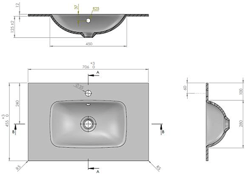 Technical image of Crosswater Limit Wall Hung Unit, White Glass Basin (700mm, Stone, 0TH).