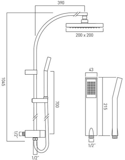 Technical image of Vado Sensori SmartTouch Shower, Remote & Rigid Riser (Pumped, 1 Outlet).