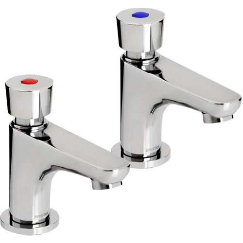 Bristan Commercial Timed Flow Soft Touch Pillar Basin Taps (Pair, Chrome).