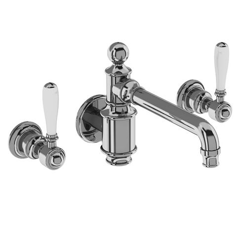 Burlington Arcade Wall Basin Mixer Tap With Lever Handles (Chrome & White).