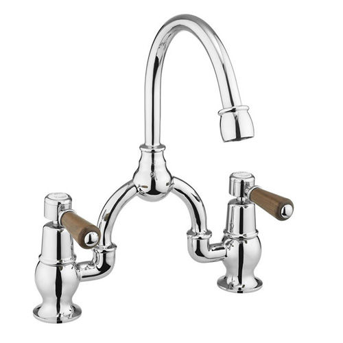 Burlington Kensington 2 Hole Arch Basin Mixer Tap (Chrome & Walnut, 200mm).