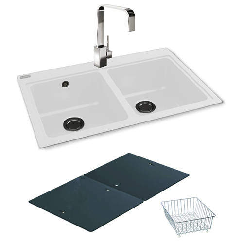 Carron Phoenix Double Bowl Granite Sink & Black Glass 802x520mm (White).