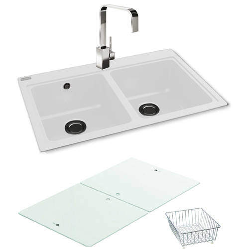 Carron Phoenix Double Bowl Granite Sink & White Glass 802x520mm (White).