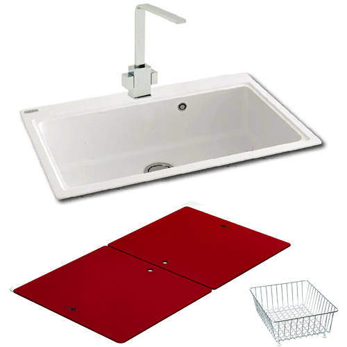 Carron Phoenix Single Bowl Granite Sink & Red Glass 802x520mm (White).