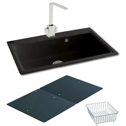 Carron Phoenix Single Bowl Granite Sink & Black Glass 802x520mm (Black).