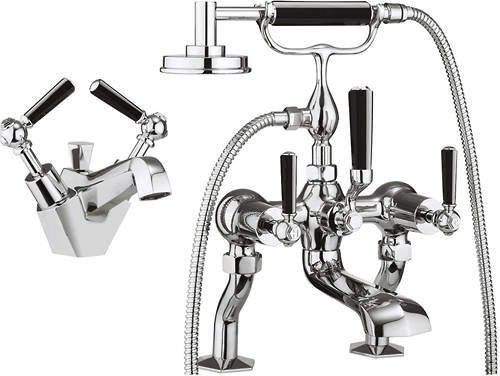 Crosswater Waldorf Basin & Bath Shower Mixer Tap Pack (Black Handles).