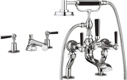 Crosswater Waldorf 3 Hole Basin & Bath Shower Mixer Tap (Black Handles).