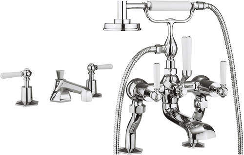 Crosswater Waldorf 3 Hole Basin & Bath Shower Mixer Tap (White Handles).