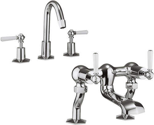 Crosswater Waldorf 3 Hole Basin Mixer & Bath Filler Tap (White Handles).