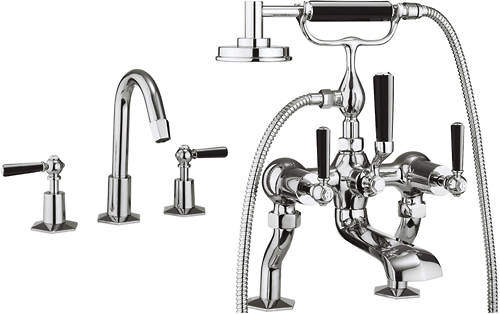 Crosswater Waldorf 3 Hole Basin & Bath Shower Mixer Tap (Black Handles).