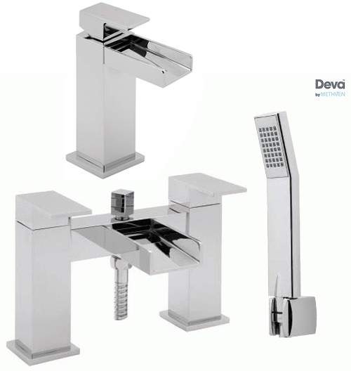 Deva Sparkle Waterfall Basin & Bath Shower Mixer Tap Set (Chrome).
