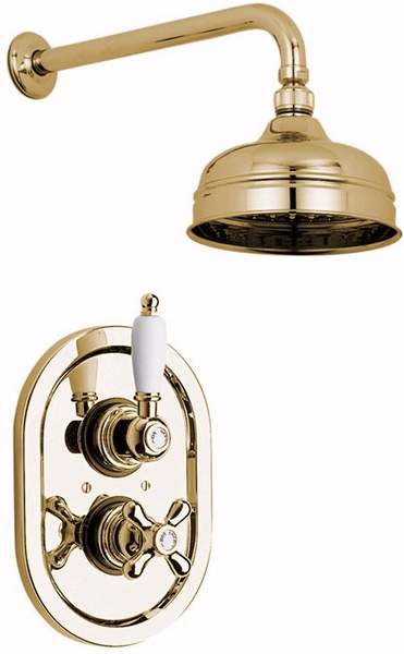 Vado Westbury Gold thermostatic shower valve with fixed shower head.