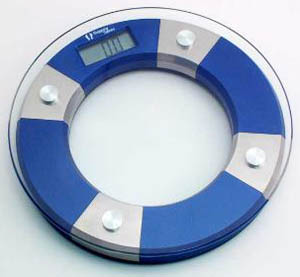 Scales Bouy glass, chrome and blue personal digital bathroom scales.