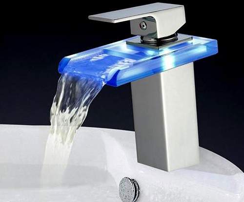 Hydra LED Rectangular Glass Waterfall Basin Tap With LED lights (Chrome).