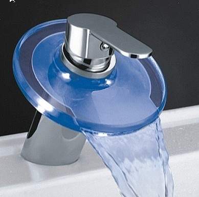 Hydra LED Round Glass Waterfall Basin Tap With LED lights (Chrome).