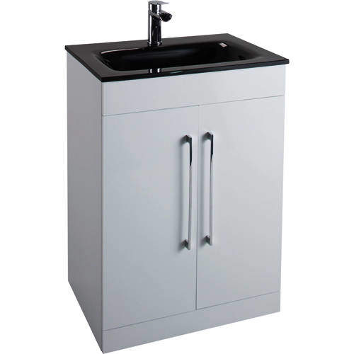 Italia Furniture 600mm Vanity Unit With Black Glass Basin (Gloss White).