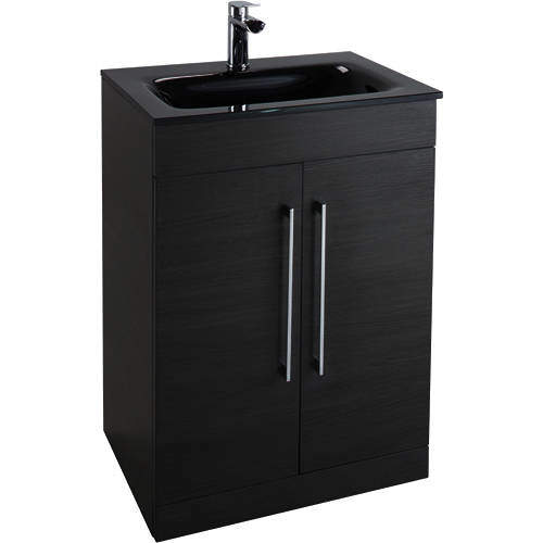 Italia Furniture 600mm Vanity Unit With Black Glass Basin (Black).