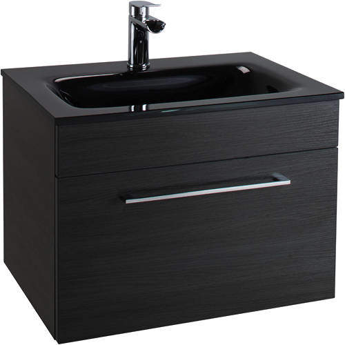 Italia Furniture 600mm Vanity Unit With Drawer & Black Glass Basin (Black).