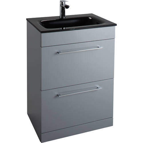 Italia Furniture 600mm Vanity Unit With Drawers & Black Glass Basin (Grey).