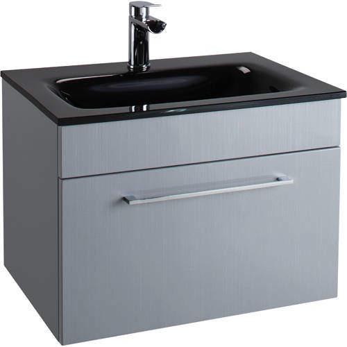 Italia Furniture 600mm Vanity Unit With Drawer & Black Glass Basin (Grey).