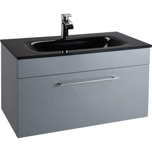 Italia Furniture 800mm Vanity Unit With Drawer & Black Glass Basin (Grey).