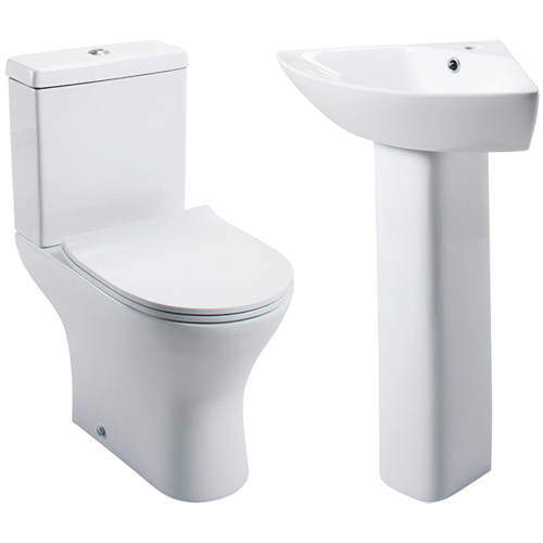 Oxford Spek Bathroom Suite, Toilet, Slimline Seat, Corner Basin & Pedestal.