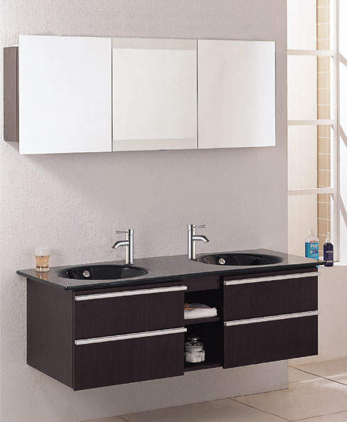 Lucy Ferrol complete wall hung dark glass twin basin set.