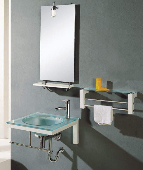 Lucy Helston wall hung glass basin set.