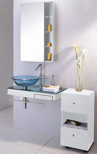 Lucy Maldon compete wall hung glass basin set with two cabinets.