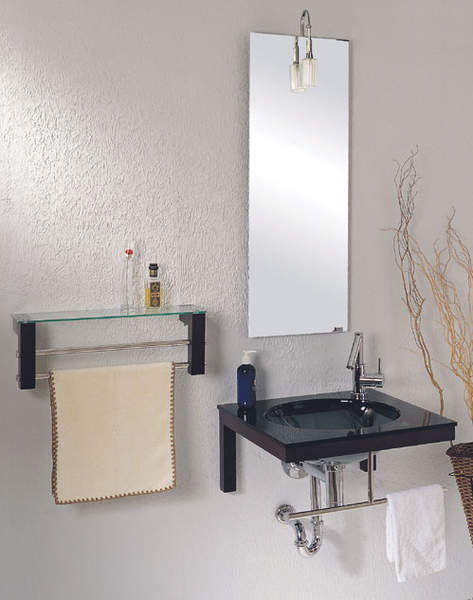 Lucy Preston wall hung dark glass basin set.