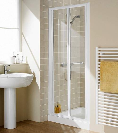 Lakes Classic 800mm Semi-Frameless Bi-Fold Shower Door (White).