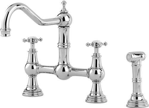 Perrin & Rowe Provence Kitchen Tap With Rinser & X-Head Handles (Chrome).