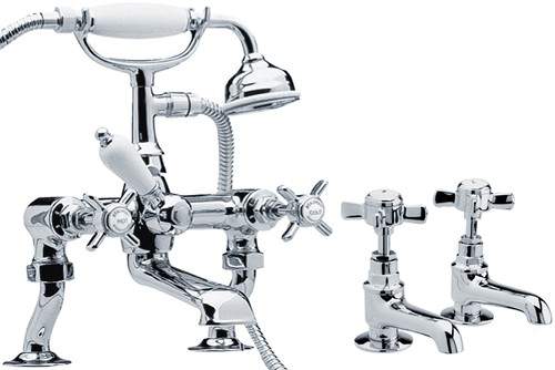 Crown Traditional Basin Taps & 3/4" Bath Shower Mixer Tap Set (Chrome).