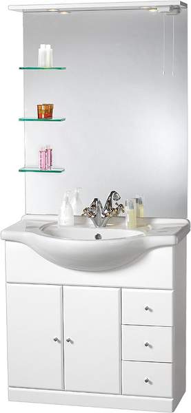 daVinci 850mm Contour Vanity Unit with ceramic basin, mirror and shelves.