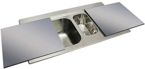 Smeg Sinks Iris 1.5 Bowl Sink, RH Drainer & Silver Glass Chopping Boards.