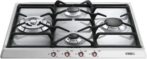 Smeg Gas Hobs Cortina 4 Burner Gas Hob With Red Controls. 60cm (S Steel).