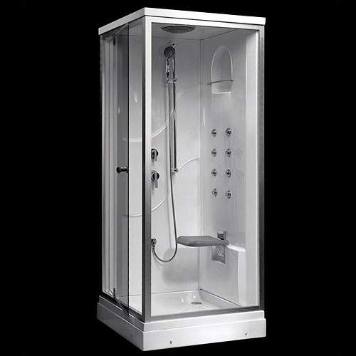 Hydra Square Shower Pod With Body Jets, Valve & Shower Heads. 900x900.