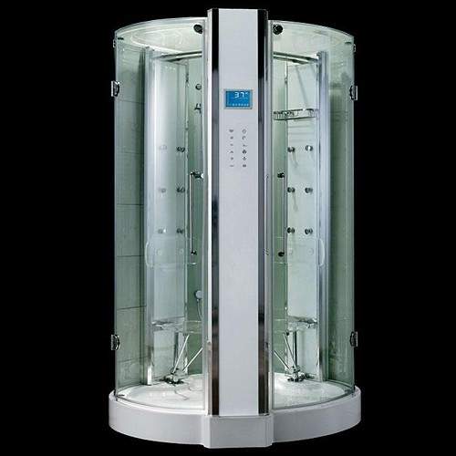 Hydra Corner Steam Shower Enclosure With Twin Controls. 1350x1350.