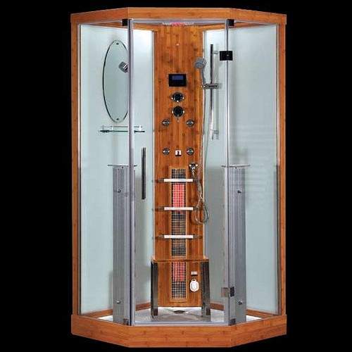 Hydra Corner Steam Shower & Sauna Cubicle (Bamboo). 1000x1000mm.