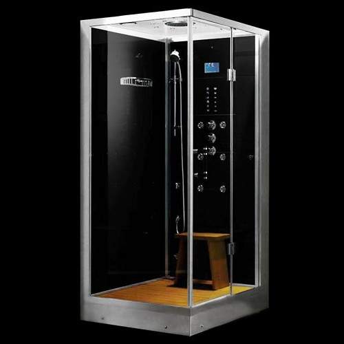 Hydra Steam Shower Enclosure (Black, Oak, Right Handed). 900x700mm.