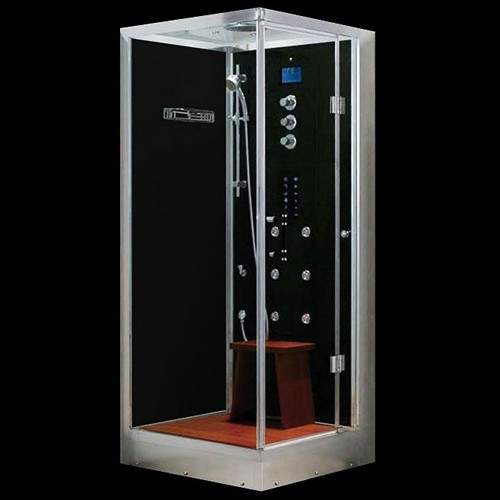 Hydra Square Steam Shower Enclosure (Black, Oak, Right Hand). 900x900.