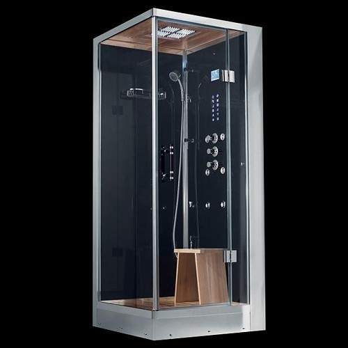 Hydra Square Steam Shower Enclosure (Black, Teak, Right Hand). 900x900.