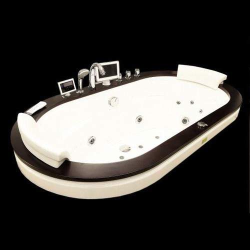 Hydra Oval Sunken Whirlpool Bath With Oak Surround. 1900x1050.