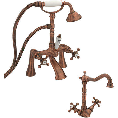 Tre Mercati Allora Basin Mixer & Bath Shower Mixer Tap Pack (Copper).