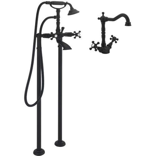 Tre Mercati Allora Basin Mixer & Floor Standing Bath Shower Mixer Tap (M Black).